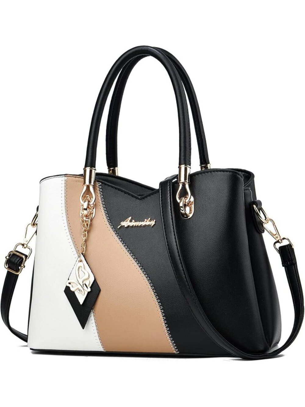 〽️Women Black White Medium Leather Top Handle Crossbody Satchel Shoulder Handbag